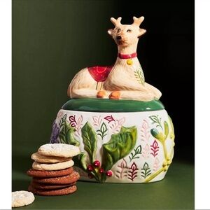 ANTHROPOLOGIE Nathalie Lete Reindeer Cookie Jar Hand Glazed Holiday Stoneware